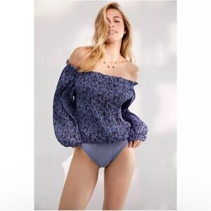 Free People Size-L  Bodysuit Blue Abstract Off‎ The Shoulder Boho $98